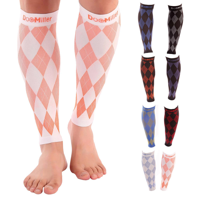 Doc Miller Calf Compression Sleeve for Women & Men, Footless 20-30mmHg Support for Shin Splints, Varicose Veins, Nurses, Running, Leg Pain Relief, Argyle Pattern, 1 Pair Medium Orange. White - BeesActive Australia