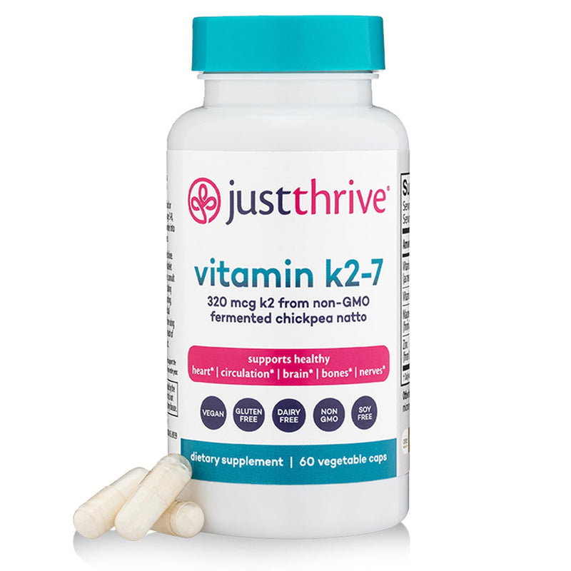Just Thrive Vitamin K2-7 Supplement for Bone, Brain & Cardiovascular Health | 60 capsules, K2-7 formula, Supports bone strength, brain health, cardiovascular wellness and everyday whole-body vitality