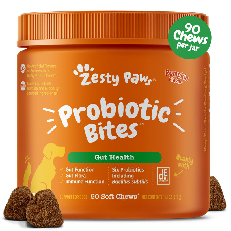 Zesty Paws Probiotics for Dogs - Digestive Enzymes for Gut Flora, Digestive Health, Diarrhea & Bowel Support - Clinically Studied DE111 - Dog Supplement Soft Chew for Pet Immune System - Pumpkin 90 Count - BeesActive Australia