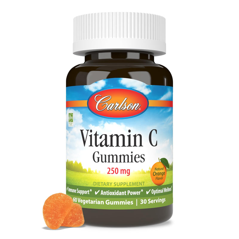 Carlson Vitamin C Gummies, 250 mg, Optimal Wellness, 60 Vegetarian Gummies | Orange; Non-GMO