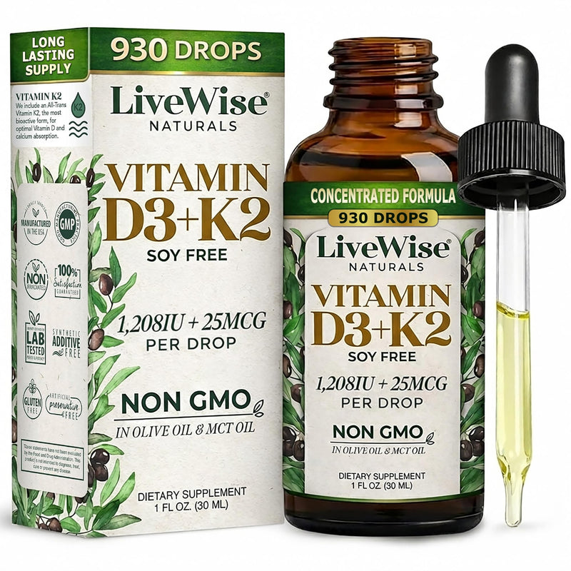Live Wise Naturals Vitamin D3 K2 Drops for Adults, Ultra Concentrated | 930 Drops, 1208 IU Vitamin D3, 25 MCG (MK-7), Fast Absorption, Customizable Micro-Dosing Dropper for Calcium & Bone Support Adult D3+K2 1208IU No Flavor Added