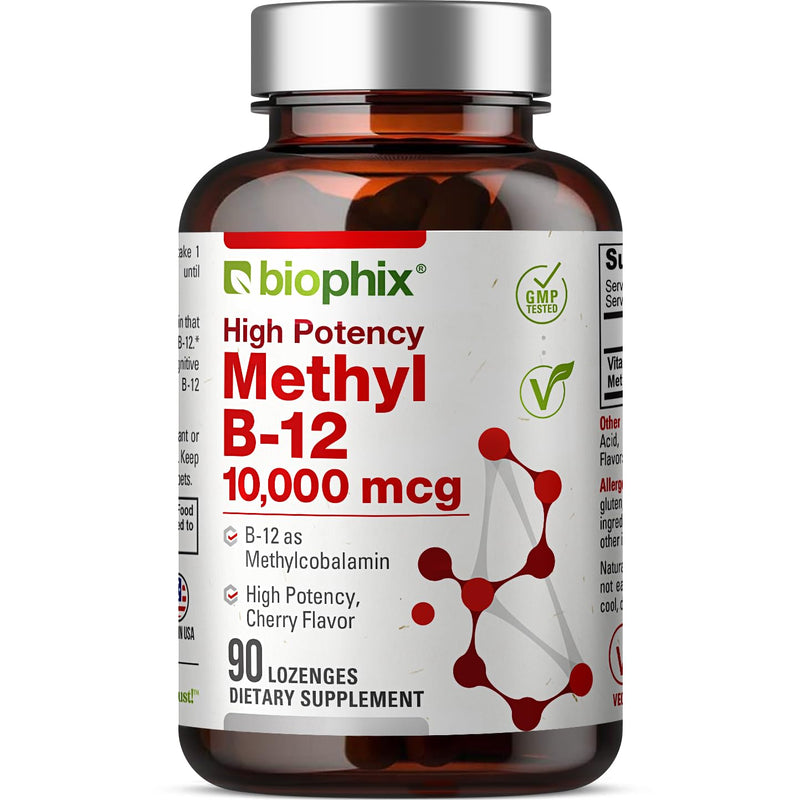 biophix Methyl B-12 10000 mcg 90 Vegan Lozenges Cherry Flavor Extra Strength - Supports Nervous System Immune Health Blood Flow Metabolism Brain Focus Energy