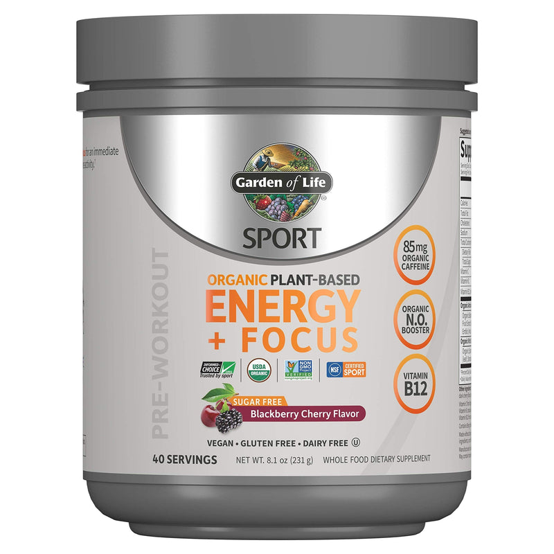 Garden of Life Sport Organic Plant-Based Energy + Focus Vegan Clean Pre Workout Powder, Sugar & Gluten Free BlackBerry Cherry with 85mg Caffeine, Natural NO Booster, B12, 40 Servings, 8.14 Oz Blackberry Cherry (Sugar-Free) 40 Servings (Pack of 1) - BeesActive Australia