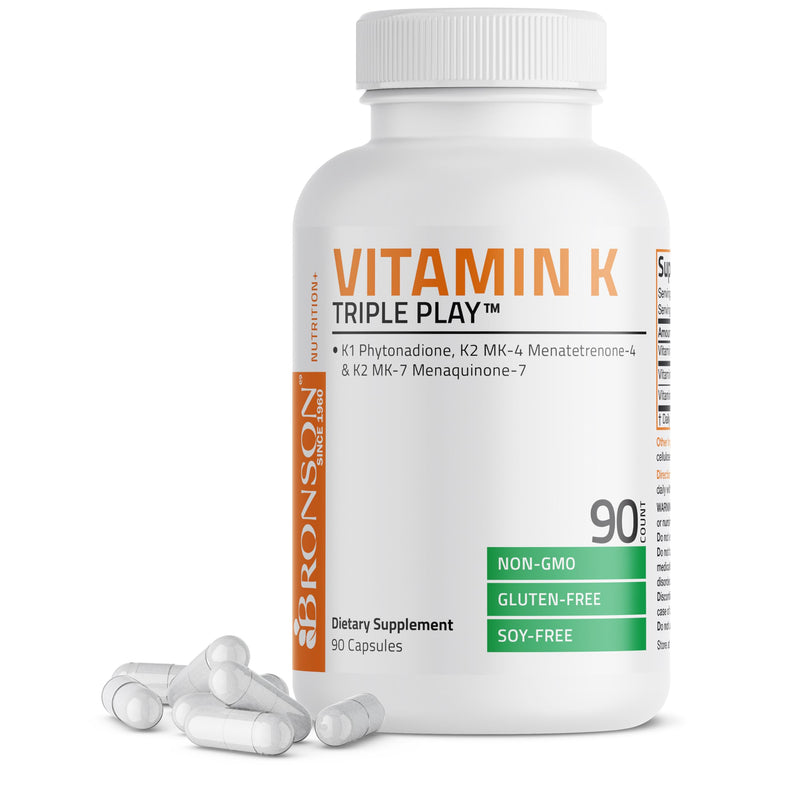 Bronson Vitamin K Triple Play Full Spectrum K1 & K2 MK-4/MK-7, 90 Capsules | 550 mcg Total Vitamin K: 100 mcg K1 + 450 mcg K2, Strong Bone Support, Non-GMO & Gluten-Free Unflavored 90 Count (Pack of 1)