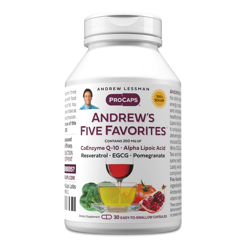 ANDREW LESSMAN ProCaps Andrew's Five Favorites 200 mg, 30 Capsules | Five 200 mg antioxidants: CoQ10, Resveratrol, EGCG, Pomegranate & Alpha Lipoic Acid plus Vitamins B12 & C. 30 Count (Pack of 1)