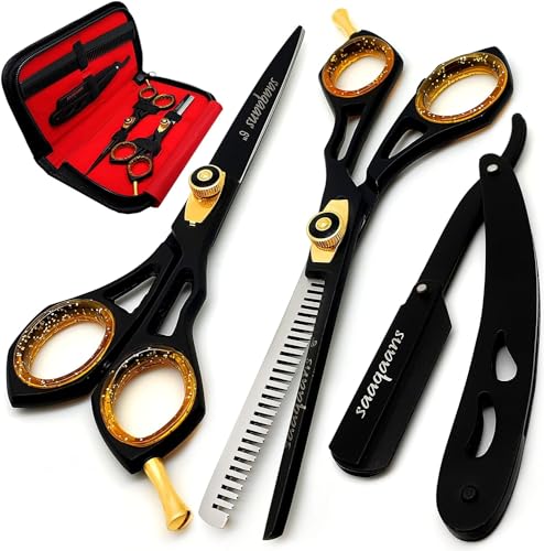 Professional Barber Shears Kit Tools - Hair Cutting Scissors Set for Hairdresser/Hair Salon + Thinning/Texture Hairdressing Haircut Shear for Beautician + Straight Razor + 10 Blades with Case