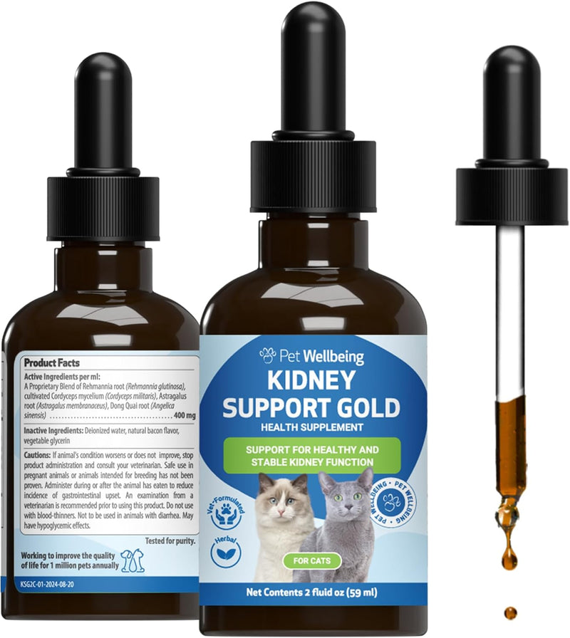 Pet Wellbeing Kidney Support Gold for Cats - Supports Healthy Kidney Function, Fluid Balance, Energy Levels, Rehmannia, Dong Quai - Veterinarian-Formulated Herbal Supplement 2 oz (59 ml) 2 Fl Oz (Pack of 1) - BeesActive Australia