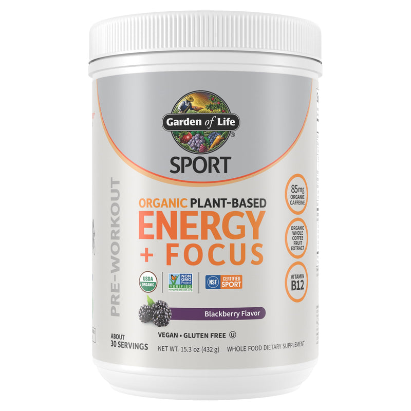 Garden of Life Sport Organic Plant Based Energy + Focus Clean Pre Workout Powder, with 85mg Caffeine, Natural No Booster, B12, Vegan, Gluten Free, Non-GMO, BlackBerry, 15.3 Oz 15.3 Ounce (Pack of 1)