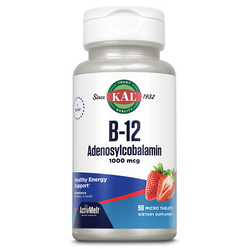 KAL Vitamin B12 Adenosylcobalamin 1000 mcg, 90 ActiveMelt Micro Tablets | B 12 Vitamin, Active B-12 1000mcg for Women & Men, Energy Support - Strawberry Flavor 90 Count (Pack of 1)