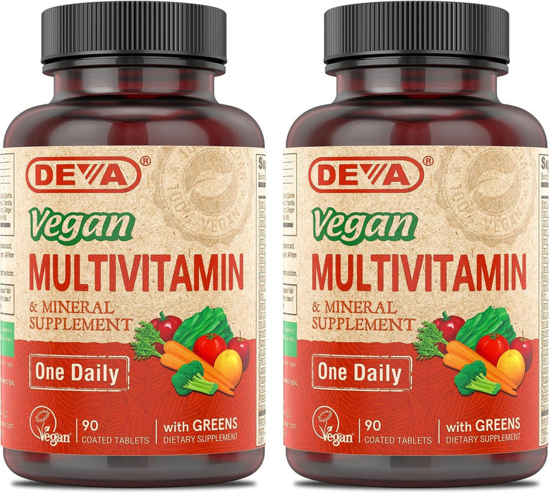 DEVA Vegan Multivitamin & Mineral Supplement with Iron 2-Pack, Spirulina, Chlorella, Ashwagandha, Broccoli & More, 90 Coated Tablets Each 90 Count (Pack of 2)