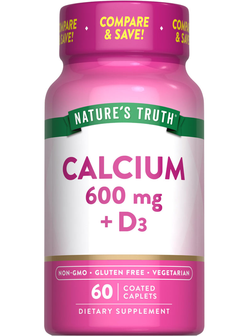 Nature's Truth Calcium 600 mg with Vitamin D3 | Coated Caplets | Calcium Carbonate | Vegetarian, Non-GMO & Gluten Free Supplement 60 Count (Pack of 1)