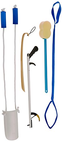 Sammons Preston Hip & Knee Equipment Kit with Assorted Daily Living Tools Including 32" Reacher, Sock Aid with Handle, Plastic Shoe Horn, Bendable Contoured Handled Sponge, and Rigid Leg Lifter Kit with 32" Reacher and Leg Lifter