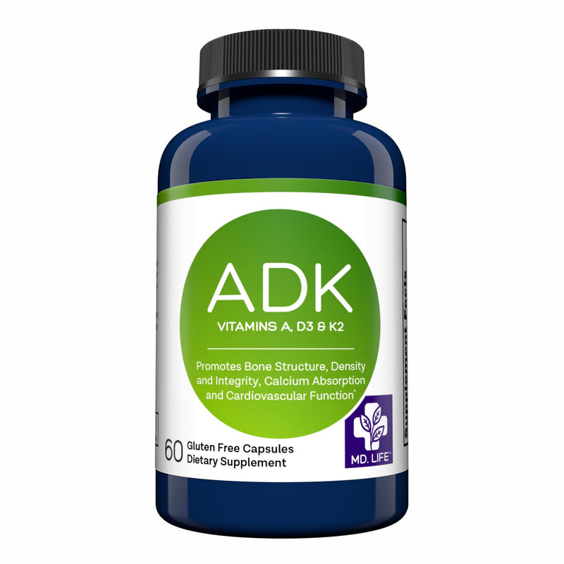 MD. Life ADK Vitamin Supplement, Vitamin D3 K2 and A, 60 Capsules, Non-GMO | High Potency Complex - Bone and Heart Health Support - Doctor Designed - Made in the USA - Gluten Free, Vegetarian 60 Count (Pack of 1)