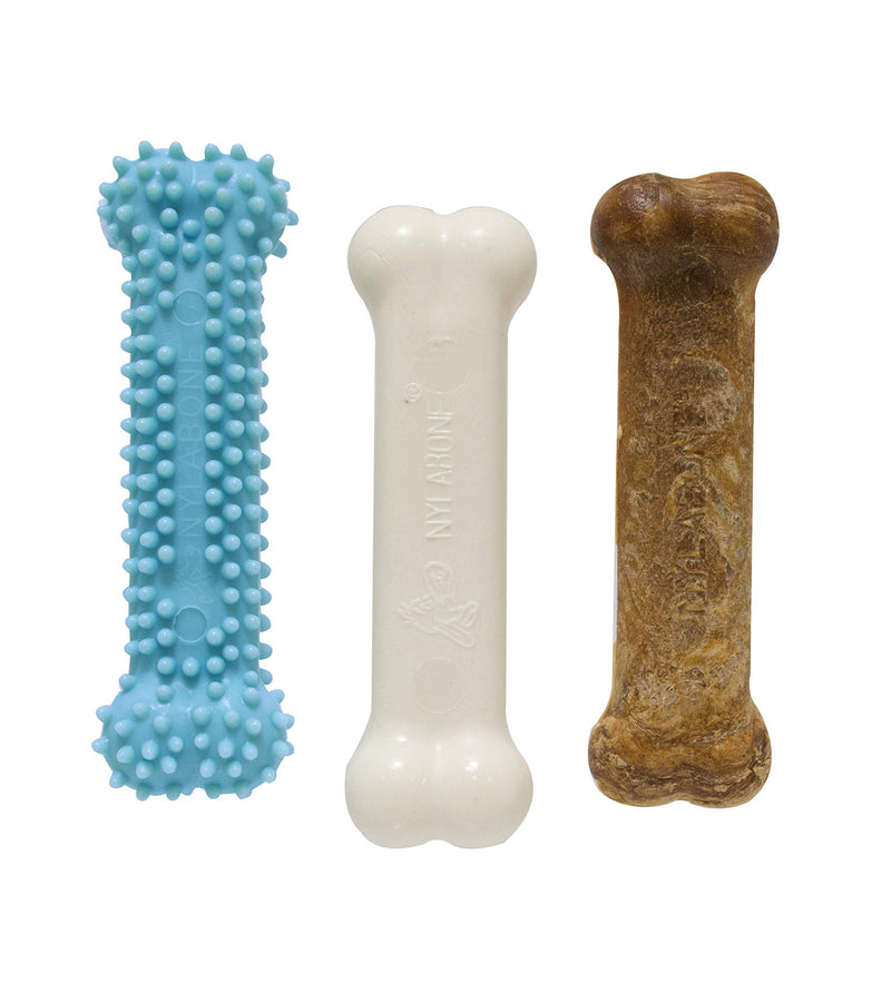 Nylabone Puppy Triple Pack - Blue Puppy Teething Toy, Nylon Dog Toy, & Chew Treat Variety Pack - Puppy Supplies - Chicken and Bacon Flavors, Small/Regular (3 Count) Small/Regular (3 Count) - BeesActive Australia