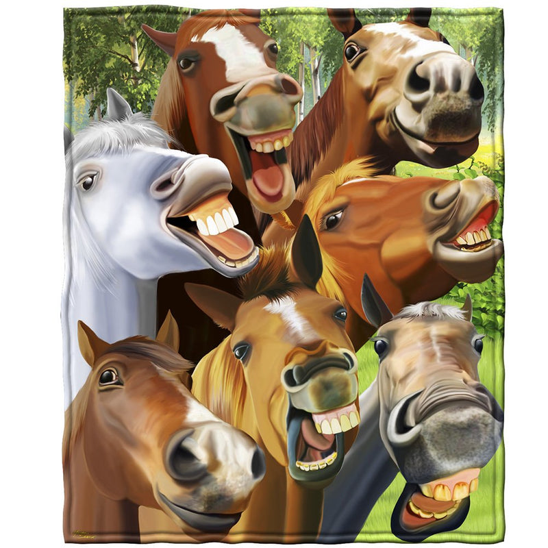 Dawhud Direct Cartoon Selfie Horses Fleece Blanket - Queen SIze Super Soft Plush Horse Throw Blanket - Super soft blanket Ideal for Women, Men, and Kids - Perfect for Horse Lovers - 50" x 60" Horses Selfie 50" x 60" - BeesActive Australia