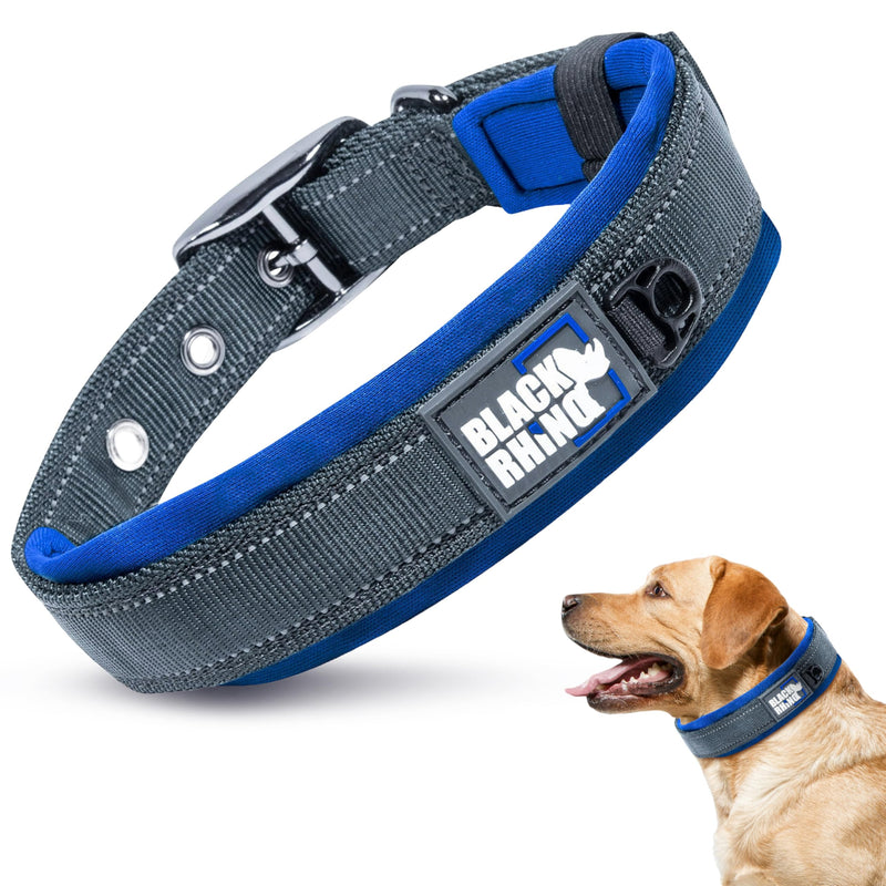 Black Rhino Reflective Dog Collar - Heavy Duty Adjustable Comfort Collar with Ultra Soft Neoprene Padding for All Breeds - Weatherproof, Lightweight Dog Collars for Large Dogs (Large, Blue/Grey) - BeesActive Australia