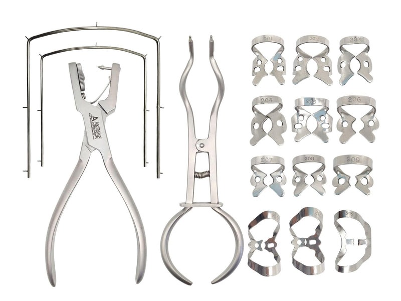 ARTMAN INSTRUMENTS Rubber Dam Kit – Includes 12 Anti-Reflection Clamps, Punch Plier, Dental Isolation Tools, and Endodontic Supplies - BeesActive Australia