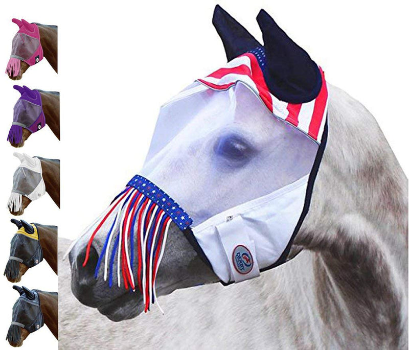 Derby Originals Patriotic Reflective Safety Horse Fly Mask with Ears and Nose Cover Fringes,Full Horse (Large) Full Horse (Large) - BeesActive Australia