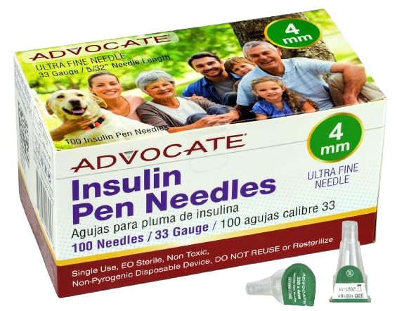 Diabetic Pen Needles 33g 4mm, Extra Lubricated, Tri-Bevel Insulin Needles, Universally Compatible with Insulin Pens for Diabetes Care, Box of 100 33G x 4mm