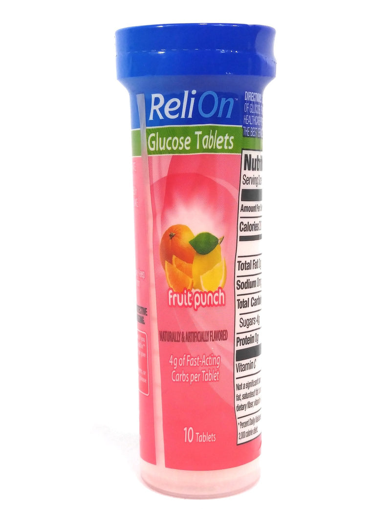 ReliOn Glucose Fruit Punch, 10 Tablets, On-The-Go Tube. 10 Count (Pack of 1)