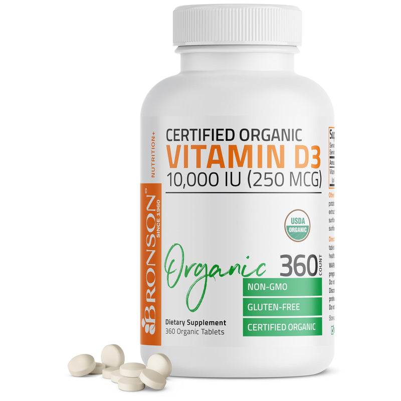 Bronson Vitamin D3 10,000 IU (250 mcg), USDA Certified Organic, 360 Tablets | Bone, Muscle, Immune & Nervous System Support, Non-GMO, Gluten-Free, Soy-Free, Wheat-Free & Nut-Free 360 Count (Pack of 1)