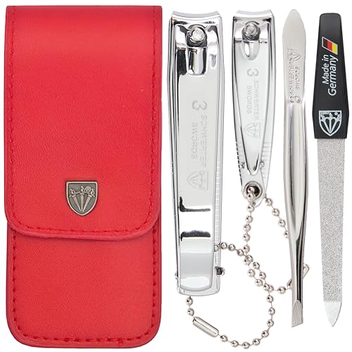 3 Swords Germany - Brand Quality 4 piece Manicure Pedicure Grooming kit Set for Professional Finger & Toe Nail Care Tweezers File Clipper Fashion Leather case in Gift Box, Made by 3 Swords (02570) Red