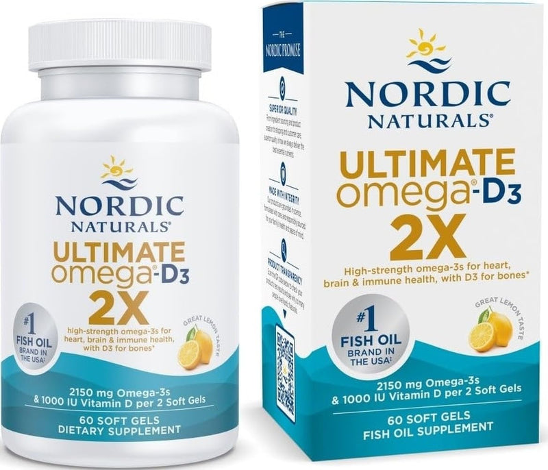 Nordic Naturals Ultimate Omega 2X w/Vitamin D3, 2150mg EPA+DHA - 60 Count | Omega-3 + vitamin D3 in one. 2150mg EPA+DHA + 1000 IU D3 for heart, brain & immune health. Lemon flavor, 60ct, 30 servings 60 Count (Pack of 1)
