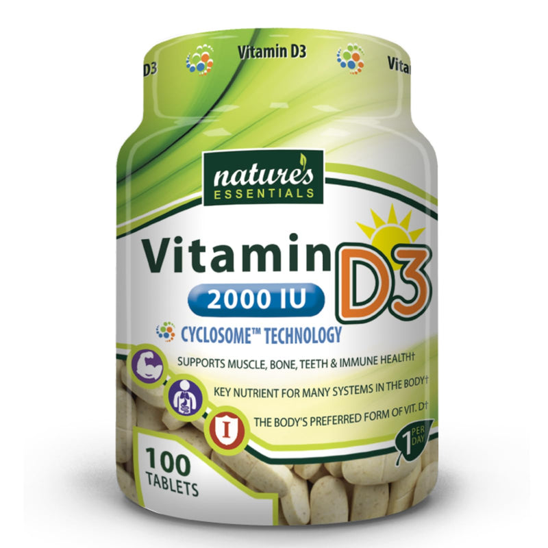 NATURE'S ESSENTIALS Vitamin D3 2000 IU, 100 Tablets | Supports Bone Health, Promotes Muscle Function, Advanced Cyclosome Delivery, Vegetarian