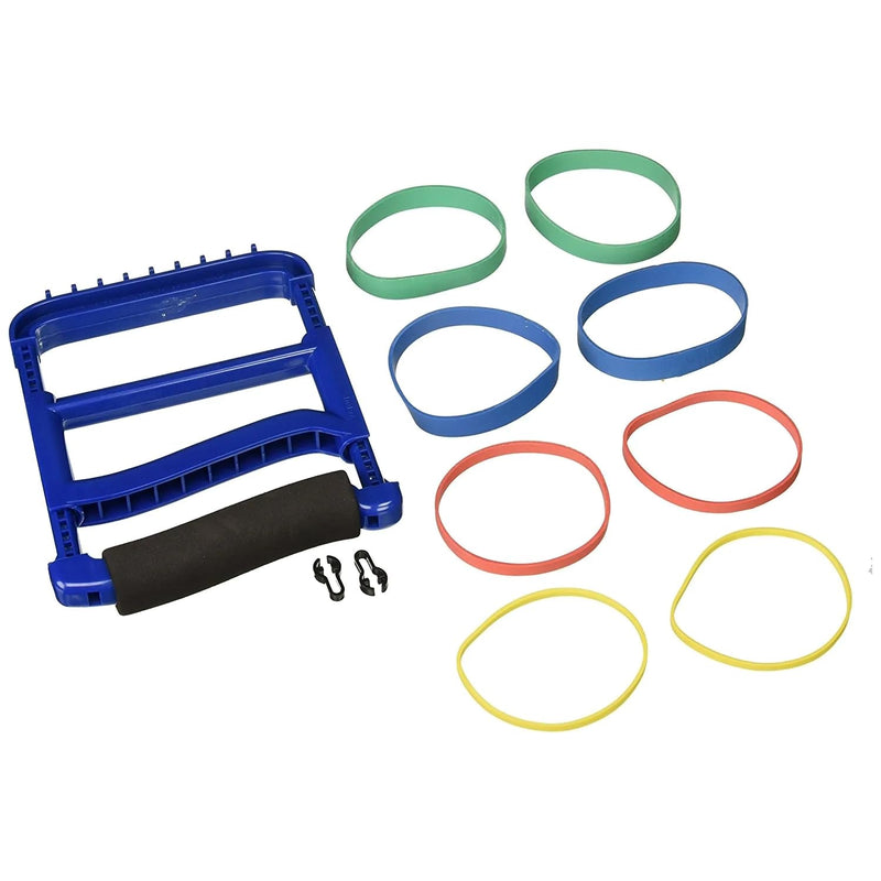 Rolyan Ergonomic Hand Exerciser with Padded Handle, Adjustable Squeeze Tool, 4 Pairs of Rubber Bands for Progressive Resistance, Improves Hand Grip Strength in Fingers, Hand, & Thumb, Blue - BeesActive Australia