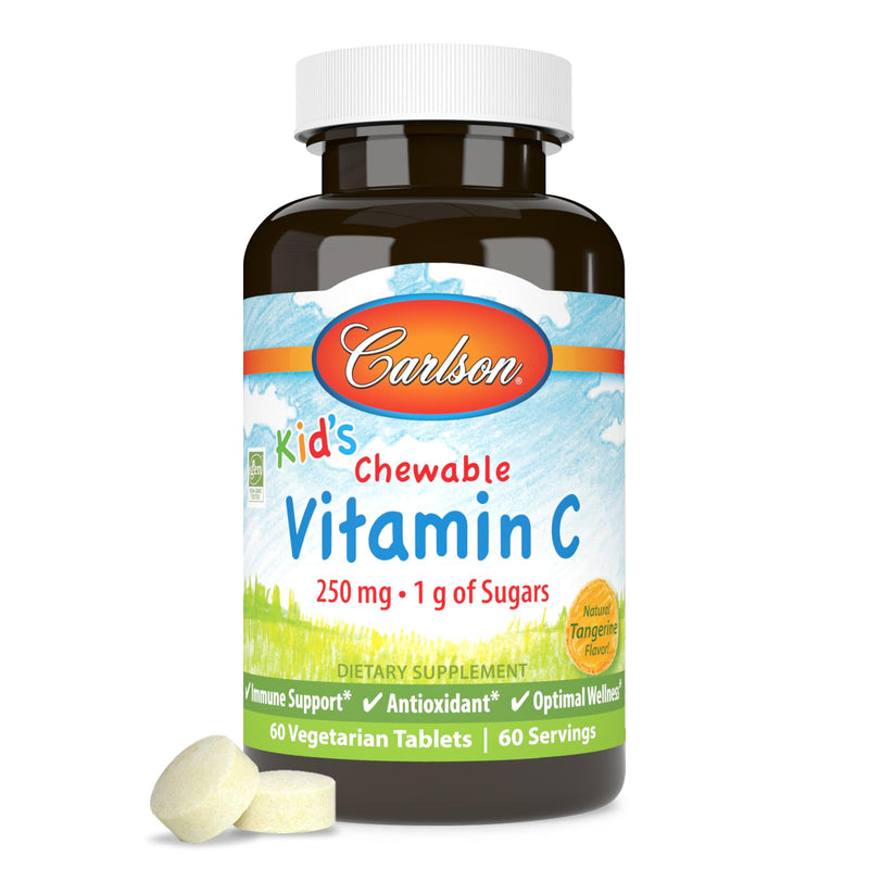 Carlson Kid's Chewable Vitamin C, 250 mg, 60 Vegetarian Chewable Tablets | 1 g of Sugars; Gentle on the Stomach; Tangerine 60 Count (Pack of 1)
