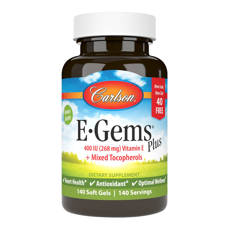 Carlson E-Gems Plus, 400 IU (268 mg), Optimal Wellness, 140 Soft Gels | Natural-Source Vitamin E