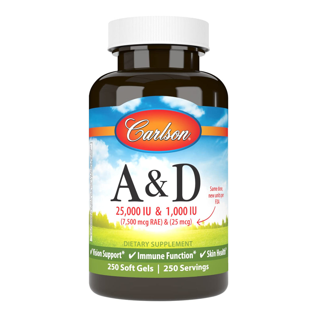 Carlson - A & D, 25000 IU (7500 mcg RAE) Vitamin A, 1000 IU (25 mcg) Vitamin D, Vision Support, Skin Health, 250 Softgels