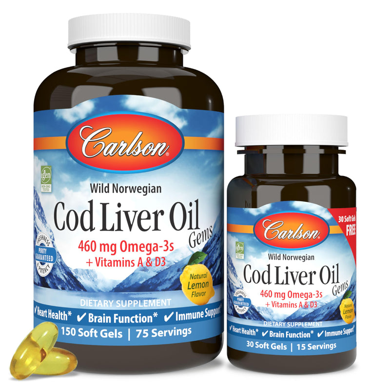 Carlson Cod Liver Oil Gems, 460 mg, Omega-3s, Lemon, 150 + 30 Softgels | plus Vitamins A and D3; Wild Caught Norwegian Arctic Cod Liver Oil; Sustainably Sourced Nordic Fish Oil Capsules 150 Count (Pack of 1)