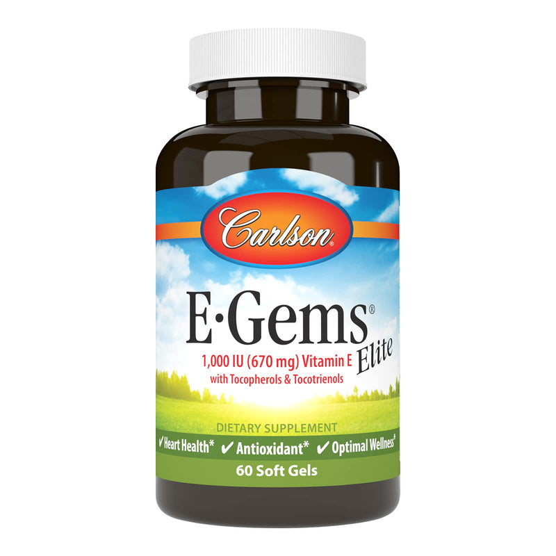 Carlson E-Gems Elite, 1000 IU (670 mg), Optimal Wellness, 60 Softgels | Vitamin E with Tocopherols and Tocotrienols