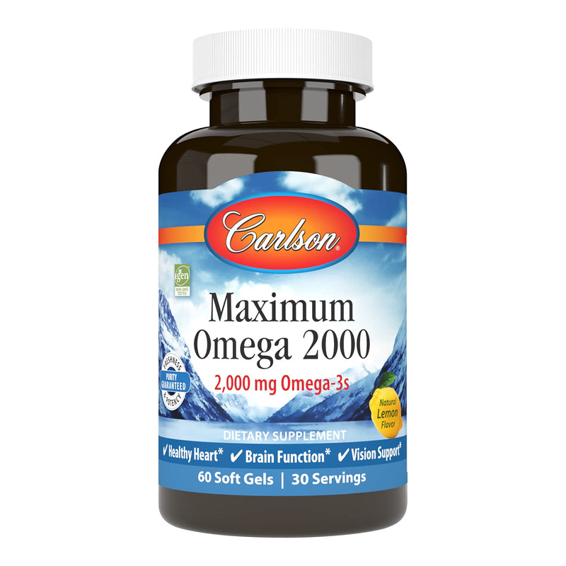 Carlson - Maximum Omega 2000, 2000 mg Omega-3 Fatty Acids Including EPA and DHA, Wild-Caught, Norwegian Fish Oil Supplement, Sustainably Sourced Fish Oil Capsules, Lemon, 60 Softgels 60 Count (Pack of 1)