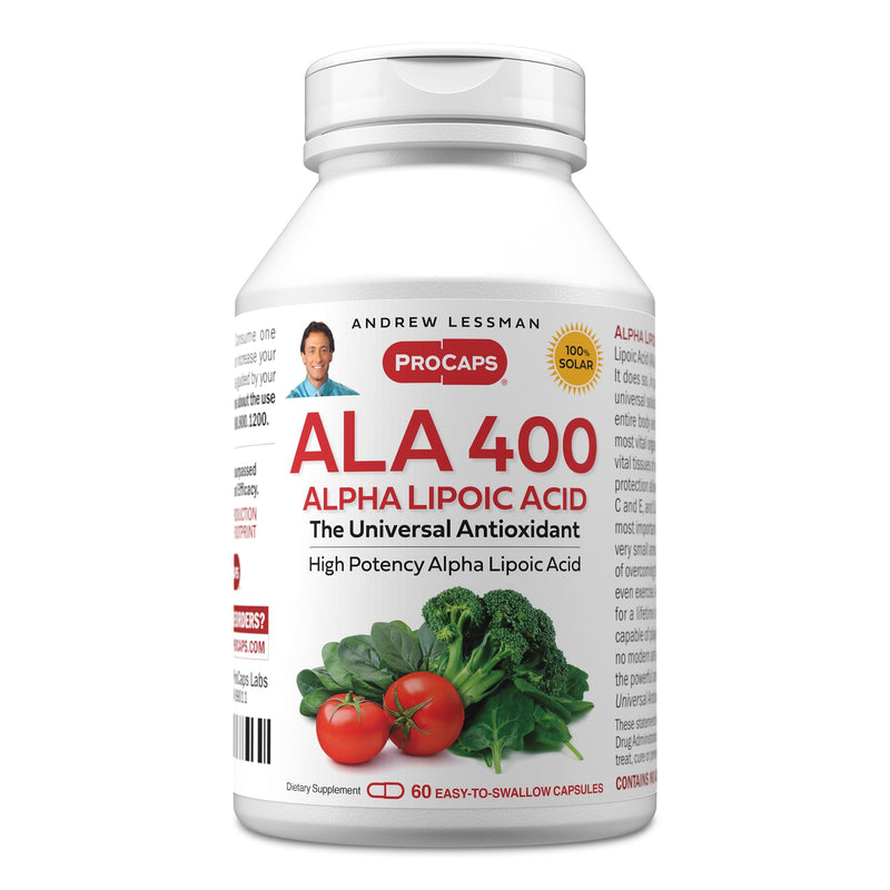 ANDREW LESSMAN ProCaps Alpha Lipoic Acid (ALA) 400mg 60 Capsules | Universal antioxidant with Vitamin C. Supports brain, heart and cellular health. Crosses the blood-brain barrier. 60 Count (Pack of 1)
