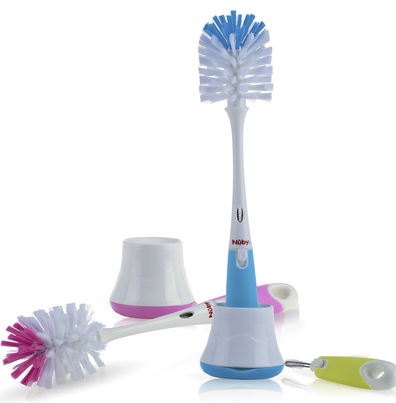 Nuby 2 in 1 Bottle and Nipple Brush with Stand, 1 Pack, Colors May Vary - BeesActive Australia