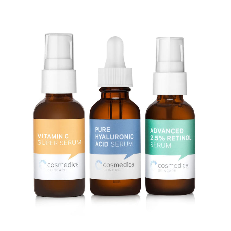 Cosmedica Skincare Facial Serum Trio Set Value for Clear Skin - Vitamin C Super Serum, 2.5% Retinol Serum, Pure Hyaluronic Acid Serum – Vegan, Cruelty-Free Skincare - BeesActive Australia