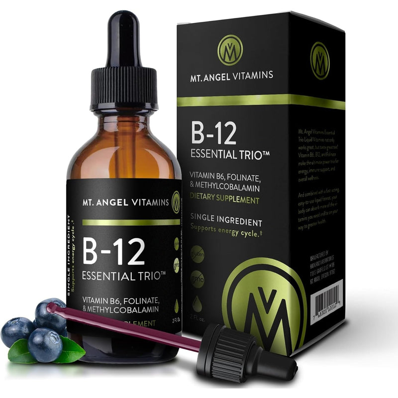 Mt. Angel Vitamins - B12 Essential Trio - Vegan Sublingual Drops with High-Potency Methyl B12, B6 & Folate - Easy Absorption Liquid - Non-GMO, Made in USA 2 Fl Oz (Pack of 1)