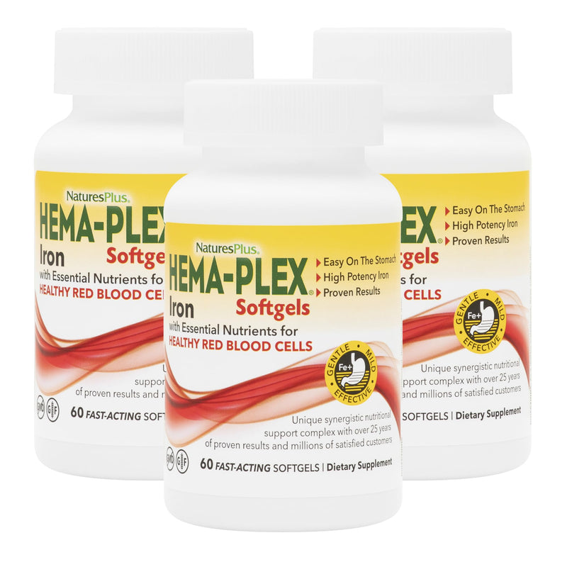 NaturesPlus Hema-Plex Iron - 60 Fast-Acting Softgels - 3 Pack - 85 mg Iron + Vitamin C & Bioflavonoids for Healthy Red Blood Cells - Gluten Free - 60 Total Servings 60 Count (Pack of 3)