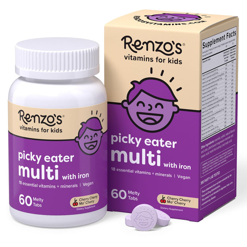 Renzo's Picky Eater Kids Multivitamin with Iron - Dissolvable Kids Vitamins with Iron, Zinc, Vitamin C, Vitamin D, E & K, Sugar-Free Melty Tabs, Cherry Flavor, 60-Count (1-2 Month Supply) | 18 Essential Vitamins & Minerals, Clean Label, Sugar-Free, Vit...