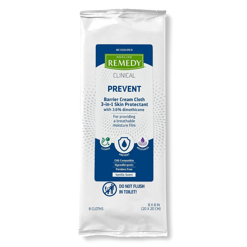 Medline Remedy Clinical 3-in-1 Barrier Cream Cloth, 8 count (1 Pack), 8 x 8 in Adult Wet Wipes, Vanilla Scent, Incontinent Care, Dimethicone, Irritated Skin, Soothing, Nourishing, Gentle 8 Count (1 Pack)