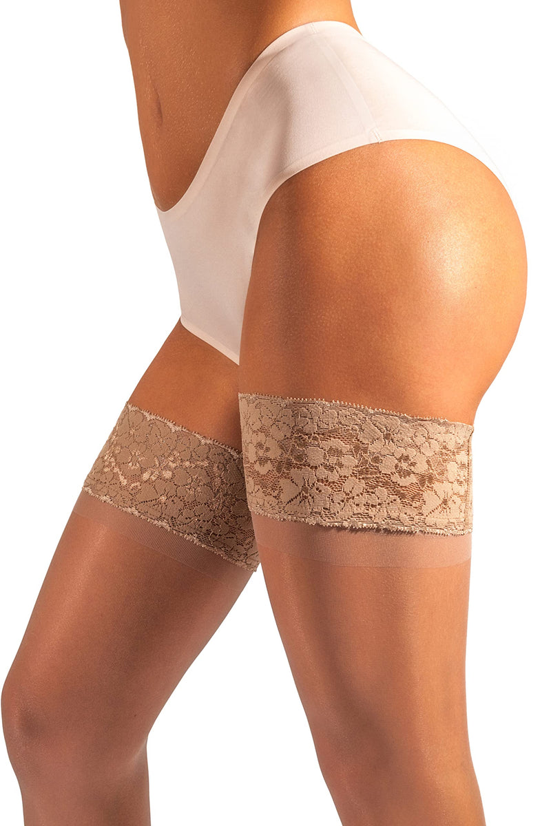 sofsy Lace Thigh High Stockings [Made in Italy] Sheer Stockings for Women Lingerie Top Thigh High 15/20 Den Medium Natural - 15 Den - BeesActive Australia