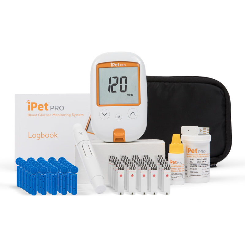 iPet PRO Blood Glucose Monitoring System Designed for Dogs & Cats| Includes Meter, 2 AA Batteries, User Guide, Log Book, 25 Test Strips, Control Solution, Lancing Device, 30 28G Lancets, Carrying Case Blood Glucose Meter Kit - PawsPlanet Australia