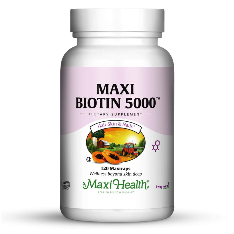 Maxi Health Biotin 5000 mcg – Hair Skin and Nails Vitamins for Women & Men – High Potency Vitamin B7 Supplement for Hair Growth, Strong Nails & Healthy Skin – Kosher, Doctor Formulated – 120 Capsules | Kosher | Biotin Vitamins with Hyaluronic Acid & Vi...