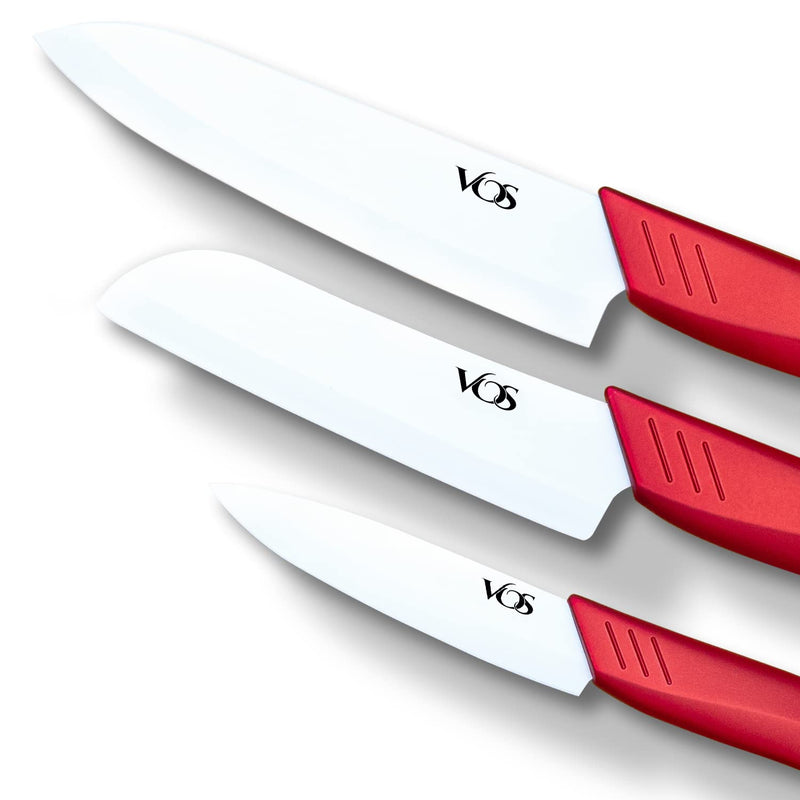 Vos Ceramic Knife Set, Ceramic Knives Set For Kitchen, Ceramic Kitchen Knives With Covers, Ceramic Paring Knife 4", 5", 6" Inch Red 3 Pcs - BeesActive Australia