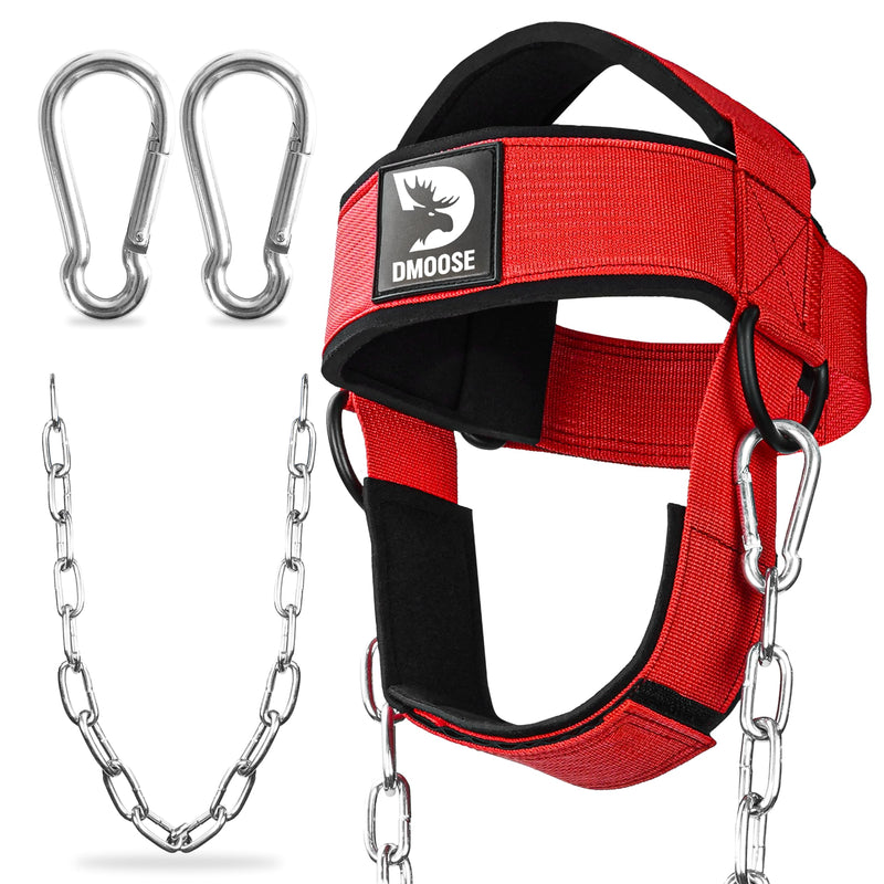 DMoose Fitness Neck Harness for Weight Lifting - Soft Padded Head & Chin Strap with 30" Heavy Duty Steel Chain - Neck Exerciser, Trainer & Strengthener to Support Injury Recovery and Intense Workouts With Support Strap Red