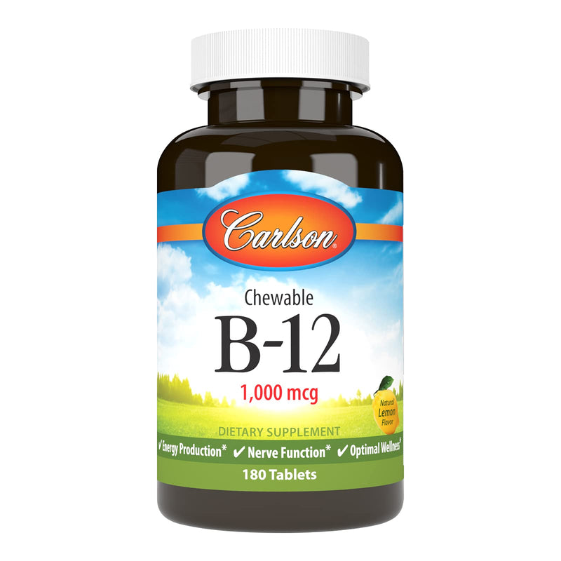 Carlson Chewable B-12, 1000 mcg, Vitamin B12, Lemon, 180 Chewable Tablets | Energy Production; Optimal Wellness 180 Count (Pack of 1)