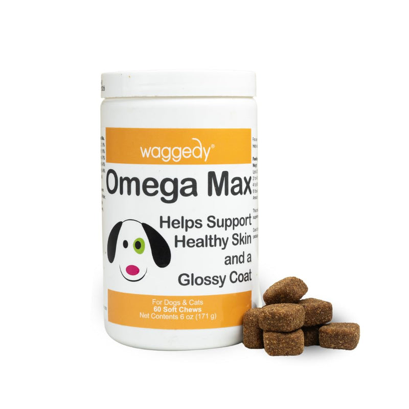 waggedy Omega Max Chews for Dogs with Salmon Oil & Flaxseed — Dog Essentials for Shiny Coats & Healthy Skin — Dog Supplements & Vitamins (60 Chews) Skin and Coat Supplement 60 Count