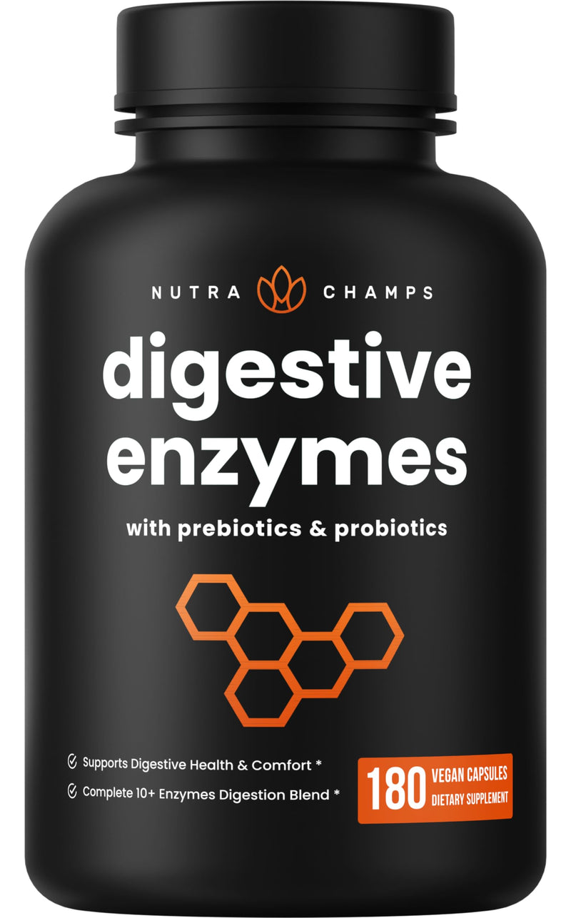 NutraChamps Digestive Enzymes with Probiotics and Prebiotics for Women & Men - 180 Vegan Capsules with Bromelain for Bloating & Optimal Gut Health 180 Count (Pack of 1)